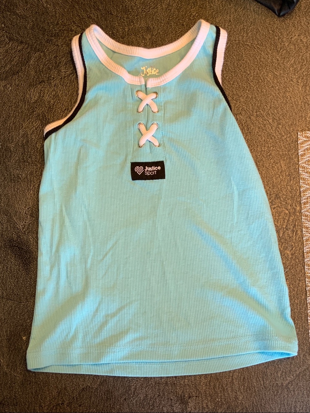 Justice Aqua Ribbed Tank with White Trim and Black Accents